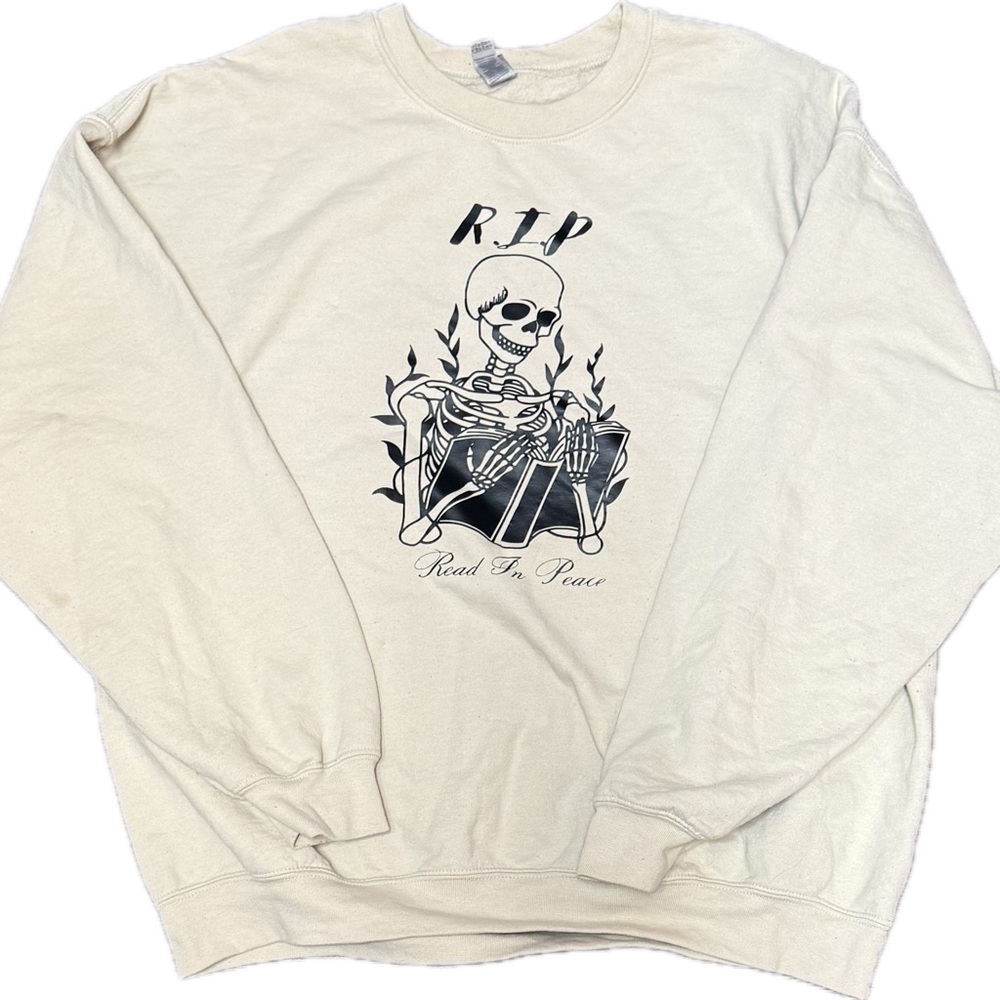 RIP โRead In Peaceโ Skeleton Graphic Cream Crewneck Sweatshirt | Sz XL